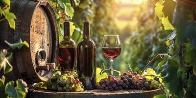 escénico campo deleitar, botellas y vino lentes arreglado en medio de lozano uva vides y de madera barriles, evocando el esencia de vino país tranquilidad. foto