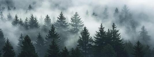 Enigmatic Reverie, Wallpaper Background Featuring a Fog-Covered Forest, Evoking Mystery and Intrigue photo