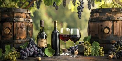 Scenic Countryside Delight, Bottles and Wine Glasses Arranged Amidst Lush Grape Vines and Wooden Barrels, Evoking the Essence of Wine Country Tranquility. photo