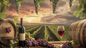 escénico campo deleitar, botellas y vino lentes arreglado en medio de lozano uva vides y de madera barriles, evocando el esencia de vino país tranquilidad. foto