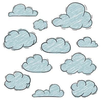 Set of hand drawn cloud in doodle style. Cartoon design elements.