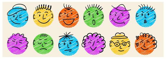 Hand drawn abstract comic faces with different emotions. Crayon drawing style. vector