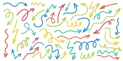 Colorful chalk arrow set. Hand drawn freehand different curved lines, swirls arrows. vector