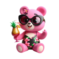 Funny pink teddy bear in black sunglasses and swimsuit holding tropical cocktail png