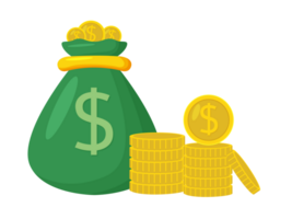 Money bag and stack of gold coins png