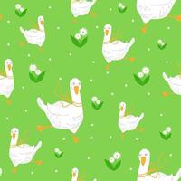 Seamless crazy white goose or duck with bow , daisies and leaves pattern on a green background. vector