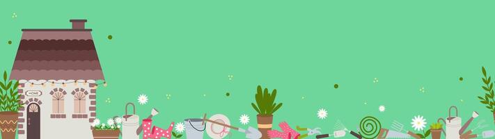 Seamless vectolong panoramic background with house and garden tools, watering can, pot with flowers, straw hat, gloves and boots, rake, shovel. vector