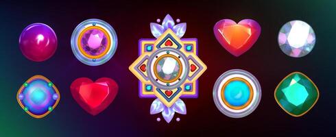 3d jewelry . 3d Diamonds collection. Gem in the form of a circle, heart, rhombus on a dark colorful background for game app design. Crystal glass element. Eps 10 vector