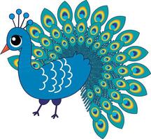 Peacock illustration, simple peacock drawing in green and blue tones vector