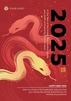 chino nuevo año 2025 moderno diseño en rojo, oro colores para cubrir, tarjeta, póster, bandera. volantes plantilla, chino zodíaco serpiente símbolo. vector