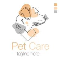 Pet care abstract logo of cute dog line art illustration with dummy text on white background. Simple Flat design. vector