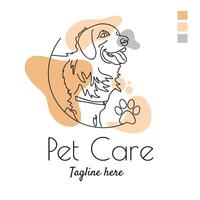 Pet care abstract logo of cute dog line art illustration with dummy text on white background. Simple Flat design. vector