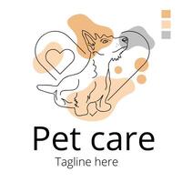 Pet care abstract logo of cute dog line art illustration with dummy text on white background. Simple Flat design. vector