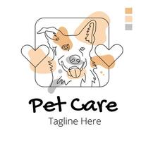 Pet care abstract logo of cute dog line art illustration with dummy text on white background. Simple Flat design. vector