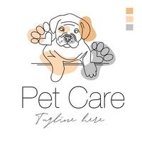 Pet care abstract logo of cute dog line art illustration with dummy text on white background. Simple Flat design. vector