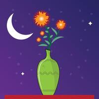 Clay made flower vase with flowers and Night background concept illustration. Indoor Plant with Moon at the sky. vector