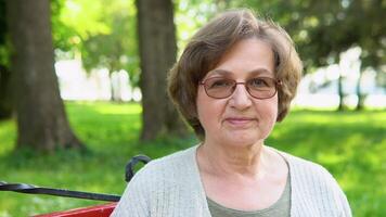portret van een gelukkig Kaukasisch senior vrouw met bril kijken Bij camera video