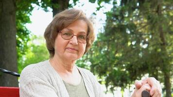 Portrait of elderly woman with glasses and cane smiling on bench in public city park. Happy white old lady looking at camera video