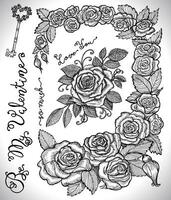 Design set with frame of roses, key, lettering and rose with leaves vector