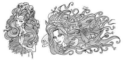Scary fantasy engraved illustrations with beautiful women as witches and demons. Esoteric, mystic and gothic concept, Halloween background, character design, coloring page vector