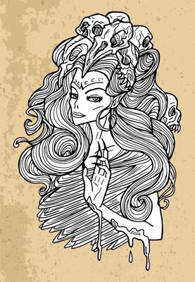 Scary fantasy engraved illustration with beautiful woman as demon with skulls in hair. Esoteric, mystic and gothic concept, Halloween background, character design