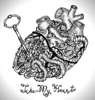 Design set with human heart with mechanical parts, key and text vector