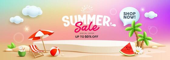 Podium Summer display on cloud and sand beach background, EPS 10 illustration vector