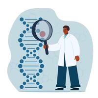 Laboratory research biotechnology concept. Scientist holding magnifier glass and checking dna helix. Genetic engineering concept. vector