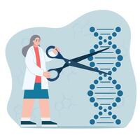 Female employee of genetic laboratory engaged in DNA helix sequencing. Genome research. Genetic engineering concept. vector
