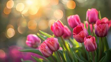 vibrante rosado tulipanes en floración con suave luz de sol y bokeh antecedentes. foto