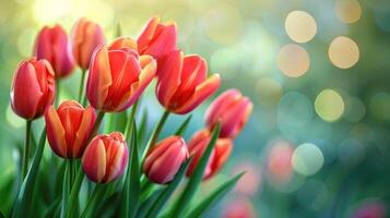 vibrante rojo tulipanes en floración con suave bokeh fondo, simbolizando primavera y natural belleza. foto