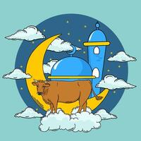 Eid al-Adha flat design illustration with cows, clouds, mosque, minaret and crescent moon vector