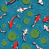 seamless pattern with illustration of koi fish and lotus leaves in pond vector