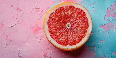 Half of a grapefruit on a textured pink and blue background. photo