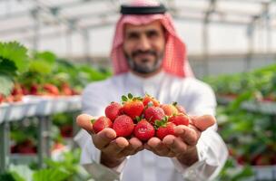 Saudi Man Holding Fresh Strawberries in Indoor Farm photo