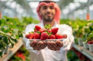 Saudi Man Holding Fresh Strawberries in Indoor Farm photo