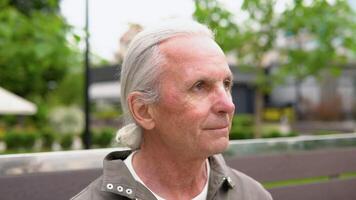 Lonely stylish elderly man in deep thoughts sitting on park bench video