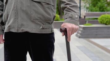 Senior man holding a cane stands in the park. Hands of an calm old man with cane video