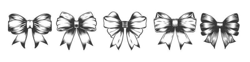 hand drawn Satin bows collection. engraving ribbon bowknot set in black ink, graphics. illustration of isolated objects on a white background. vector