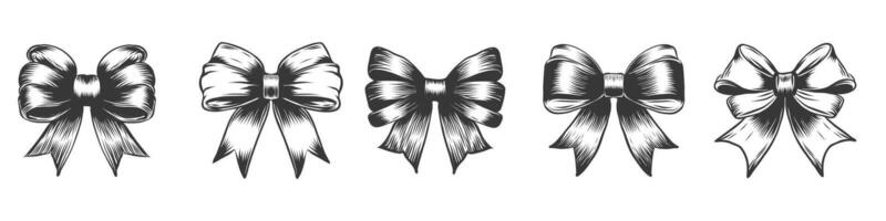Bows hand drawn illustrations set. Ribbon knots linear drawings. Ink pen bowknots collection. Bow-tie engraving imitation sketches. illustration isolated on white vector