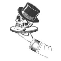 Hand holding serving tray plate with Skull in a hat cylinder. Hand drawn Black and white image. Vintage Engraving sketch vector