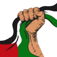 Fist hand holding Palestine flag ribbon. country of Palestine with clenched fist and Palestinian flag. for poster, banner, sticker, t shirt print. Symbol humanity, freedom, support, patriotic, vector