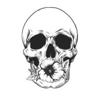 Hand drawn Human skull with flower in mouth. Monochrome black and white illustration in tattoo vintage style, engraving woodcut design for T shirt print, card. vector