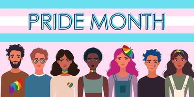 LGBTQ PRIDE month banner with diverse people supporting LGBT plus rights and movements. People with Transgender flag backdrop. vector