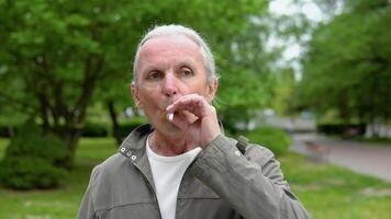 Portrait of stylish senior man with wrinkled face which posing on camera during smoking in urban green park video