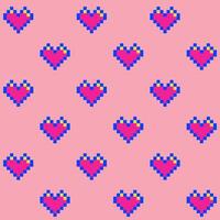 Seamless pattern of pink pixel hearts with a blue outline on a pink background, 8-bit vector