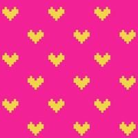 Seamless pattern of yellow pixel hearts with on a pink background, 8-bit vector