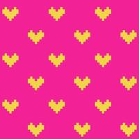 Seamless pattern of yellow pixel hearts with on a pink background, 8-bit vector