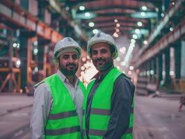 Two Saudi Arabian men in their thirties, wearing safety vests, Fireworks are going on behind them photo