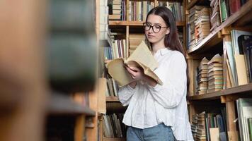 joven atractivo estudiante en lentes vueltas paginas en el libro, cuales ella tomó desde libros en estantería en el biblioteca video